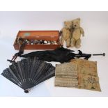 A mixed lot to include two teddy bears, black Victorian parasol, a primitive wooden puppet, boxed