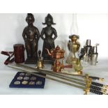 A mixed miscellaneous lot include four various dress swords, a copper spirit kettle and stand,