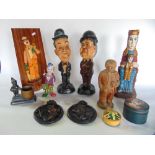 A mixed lot of clown related items to include tin plate winding toy, various lead and metal figures,