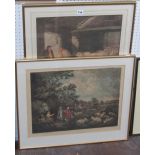 Two coloured engravings after George Morland, one showing an interior scene with shepherd and sheep,