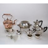 A mixed collection of silver plate to include a good revolving breakfast dish, four piece tea