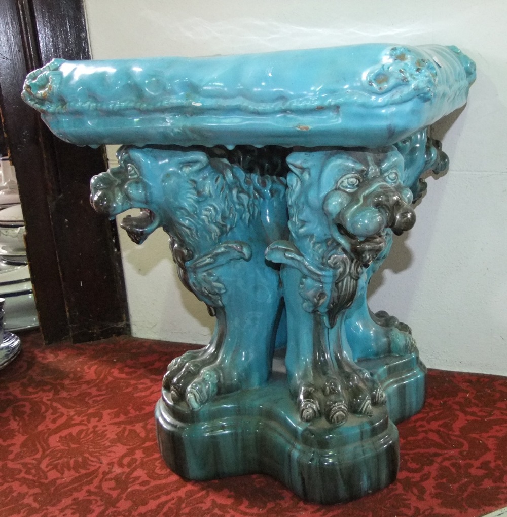 A 19th century turquoise glazed majolica stool in the form of a simulated cushion with tassel detail - Image 2 of 2