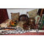 A big mixed miscellaneous lot to include wool work cushions, lamp bases, brass hall lantern,