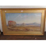 A 19th century watercolour of an extensive landscape with classical ruins, cattle, running fox,