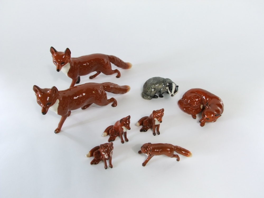 A collection of Beswick models of foxes including a pair of large standing examples (1 boxed), a