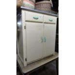 A retro kitchen cupboard with painted finish fitted with two drawers and two doors, together with