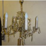 Five branch cut glass chandelier with cut drops, 70 cm high, 60 cm diameter approx