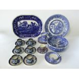 A collection of Copeland Spode blue and white printed wares including a tower pattern meat plate