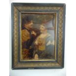 A late 19th century crystolean of a pair of lovers together with three coloured etchings of street