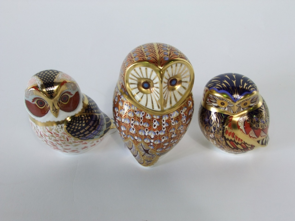 A collection of three boxed Royal Crown Derby Imari pattern paper weights - Little Owl, Barn Owl and