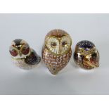 A collection of three boxed Royal Crown Derby Imari pattern paper weights - Little Owl, Barn Owl and