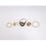 A small collection of 9ct gold items to include a ladies ring (stone deficient) and three other