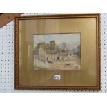 A 19th century watercolour of a group of farm buildings, church, etc, signed bottom right F