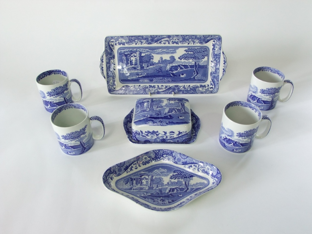 A collection of Copeland Spode Italian pattern blue and white printed wares comprising a butter dish