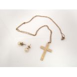 A pair of pearl ear studs together with a 9ct gold pendant cross and link chain, 4g approx