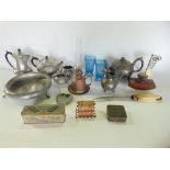 Two boxes of various mixed miscellaneous items to include a twin branch gilt metal wall light,