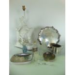 A mixed miscellaneous lot to include glass silverplate, two glazed pottery lamps and a further