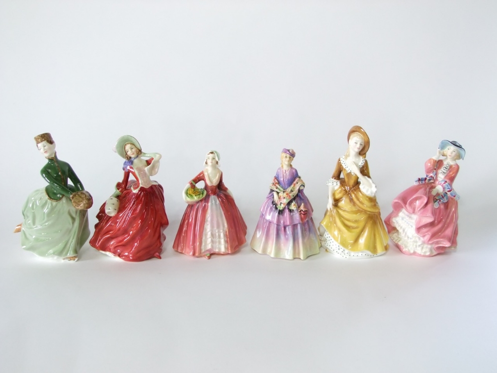 A collection of six Royal Doulton figures comprising Grace HN2318, Sandra HN2275, Autumn Breezes