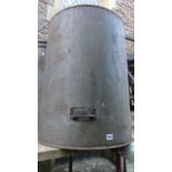 A pair of large vintage tin bins/receptacles of cylindrical form with iron work side carrying