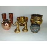 Mixed metalware lot to include cloisonne pot, Arts & Crafts brass jardiniere, two brass paperweights