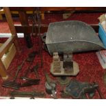 A set of Victorian shop scales in cast iron with a galvanised iron hod, a vice, blow torch,