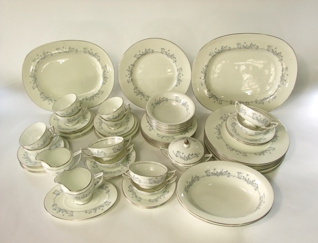 A collection of Minton's Pandora pattern dinner and tea wares S693, with grey printed floral