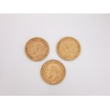 Three half sovereigns, dated 1907, 1911, 1912 (12g)