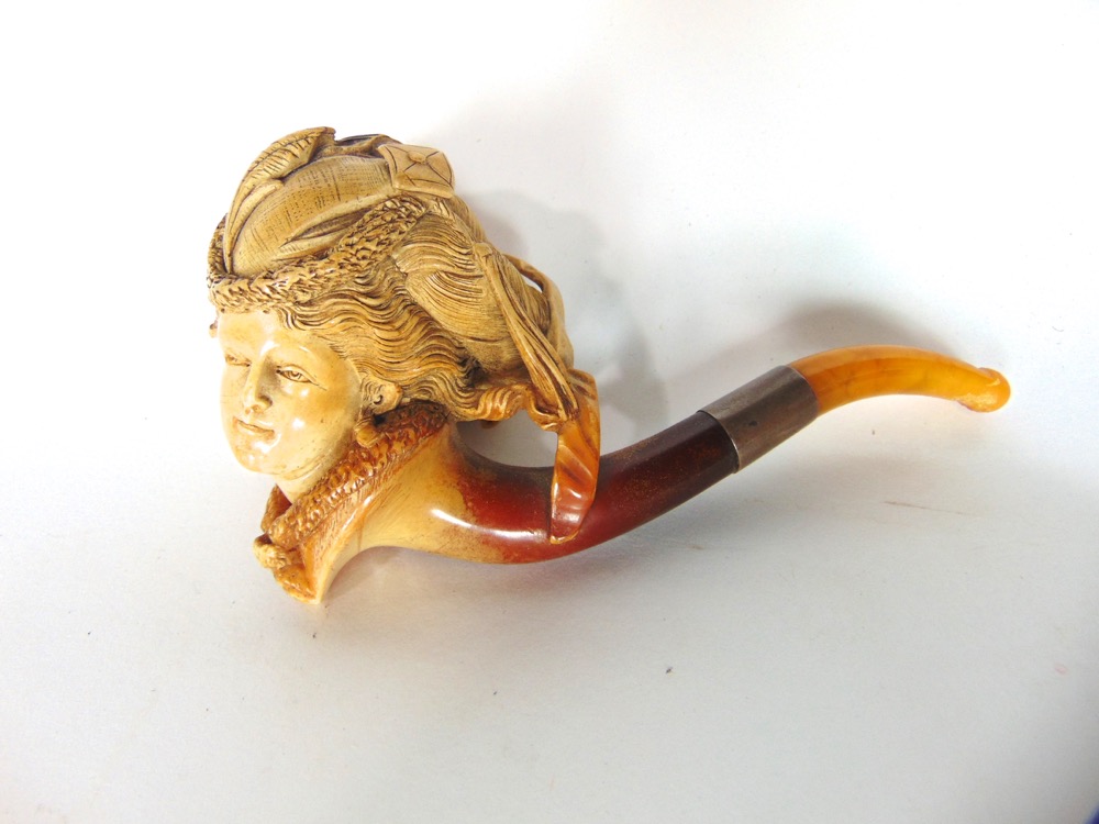 Two boxes of interesting items to include an elaborate meerschaum pipe, costume jewellery, lacquered - Image 2 of 3