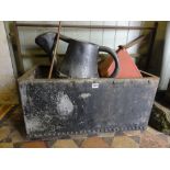 A galvanised iron water tank, an old English watering can, large oil canister and a 19th century