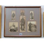 A montage of six grisaille watercolour figure studies of male and female characters, woman with