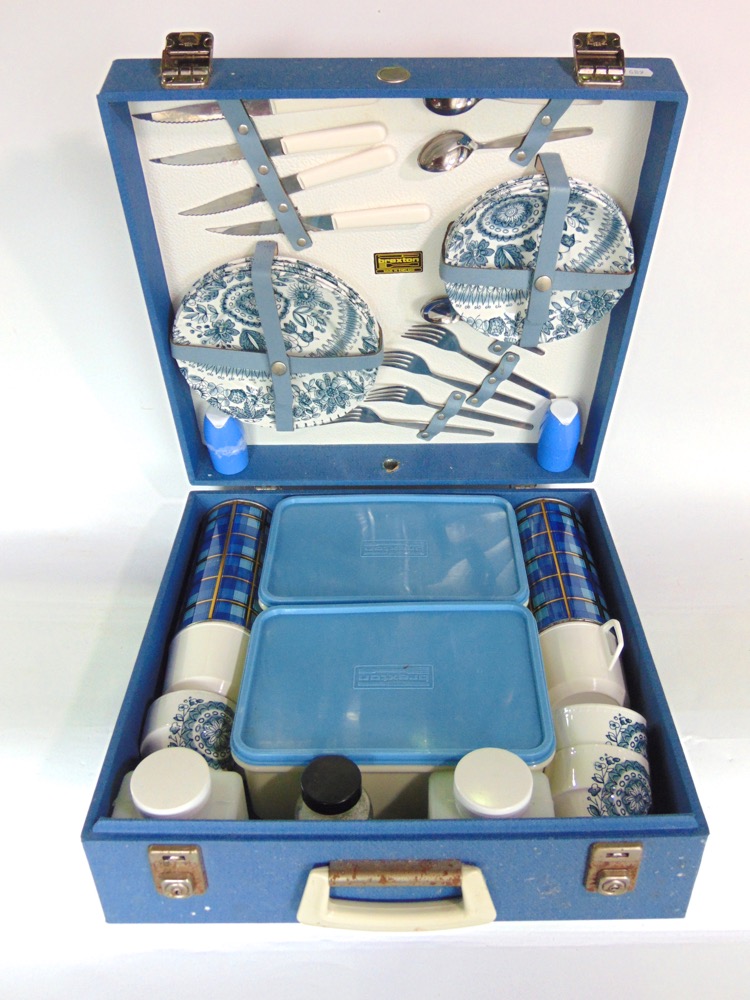 Vintage cased picnic hamper by Brexton to include ceramic plates, cups, etc; together with a vintage - Image 3 of 3