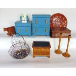 Good collection of scale furniture to include baize lined jewellery box in the form of a walnut