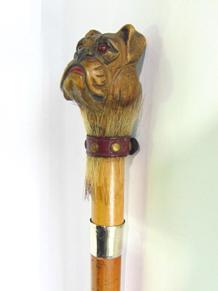 Malacca walking stick with carved wooden bull dog head knop, with novelty red leather collar, 87cm