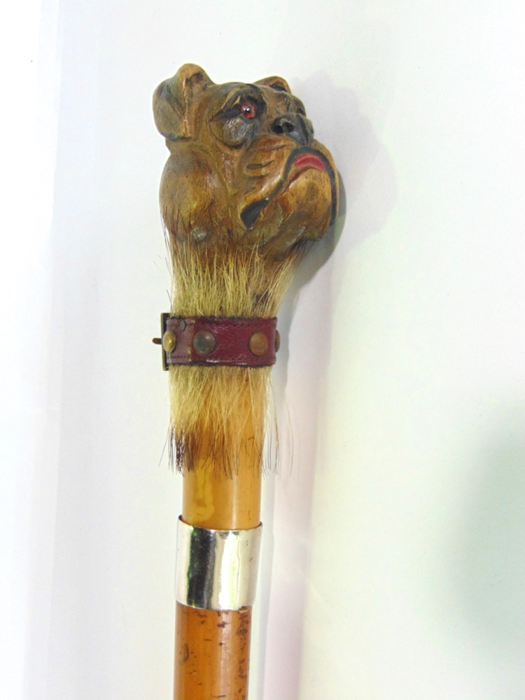 Malacca walking stick with carved wooden bull dog head knop, with novelty red leather collar, 87cm - Image 3 of 3