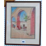 An early 20th century watercolour of a Mexican style courtyard scene with figures, signed M S
