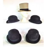 Collection of four good quality bowler hats mainly by Locke & Co London together with a grey top hat