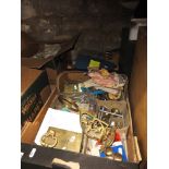 A box of good quality brass fittings including locks, door handles, etc, together with a small box