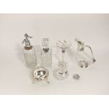 Mappin & Webb square cut glass dimpled silver collared decanter with lid, together with a further