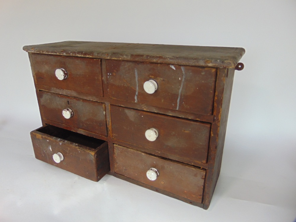 Victorian stained pine bank of six specimen drawers, each with ceramic handles, 33cm high by 51cm - Image 2 of 2