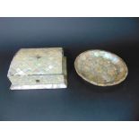 Antique mother of pearl inlaid dish together with a further mother of pearl jewellery box (2)