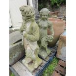 Two weathered and reconstituted garden figures representing spring and winter, 75 cm tall approx.