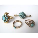Four pieces of turquoise set jewellery to include an elaborate 14k gold floral ladies ring, a yellow