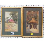 Two early 20th century watercolours, one showing a country landscape with red brick house and the