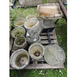 A mixed collection of weathered garden urns, a fountain head in the form of a frog, etc (11).