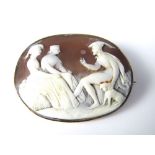 A good quality large oval 19th century shell cameo brooch depicting a classical scene in a 9k gold