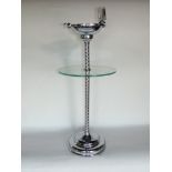 Art deco style chrome ashtray the circular dish fitted with a match box holder upon a barley twist
