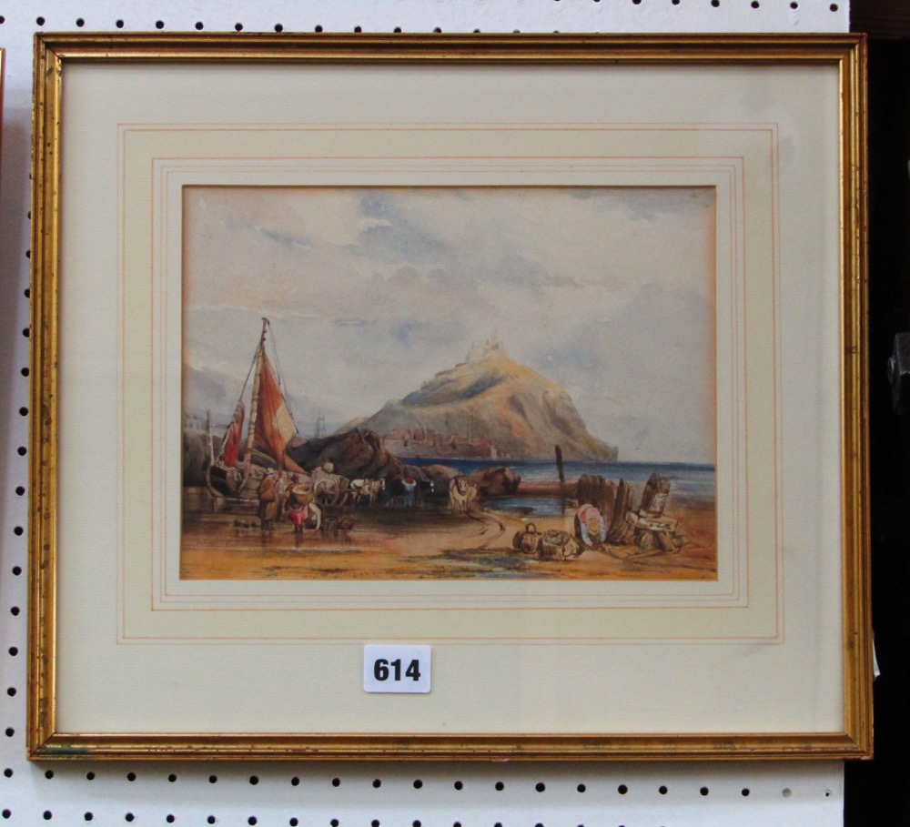 A 19th century watercolour and body colour painting of St Michael's Mount with fisher folk,