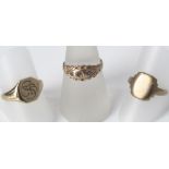 Two 9ct gold gentlemens signet rings (ring size 'R') together with a Victorian gold ladies ring