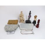 Mixed misc lot to include three clutch bags/purses, resin figure of a seated Grecian character,