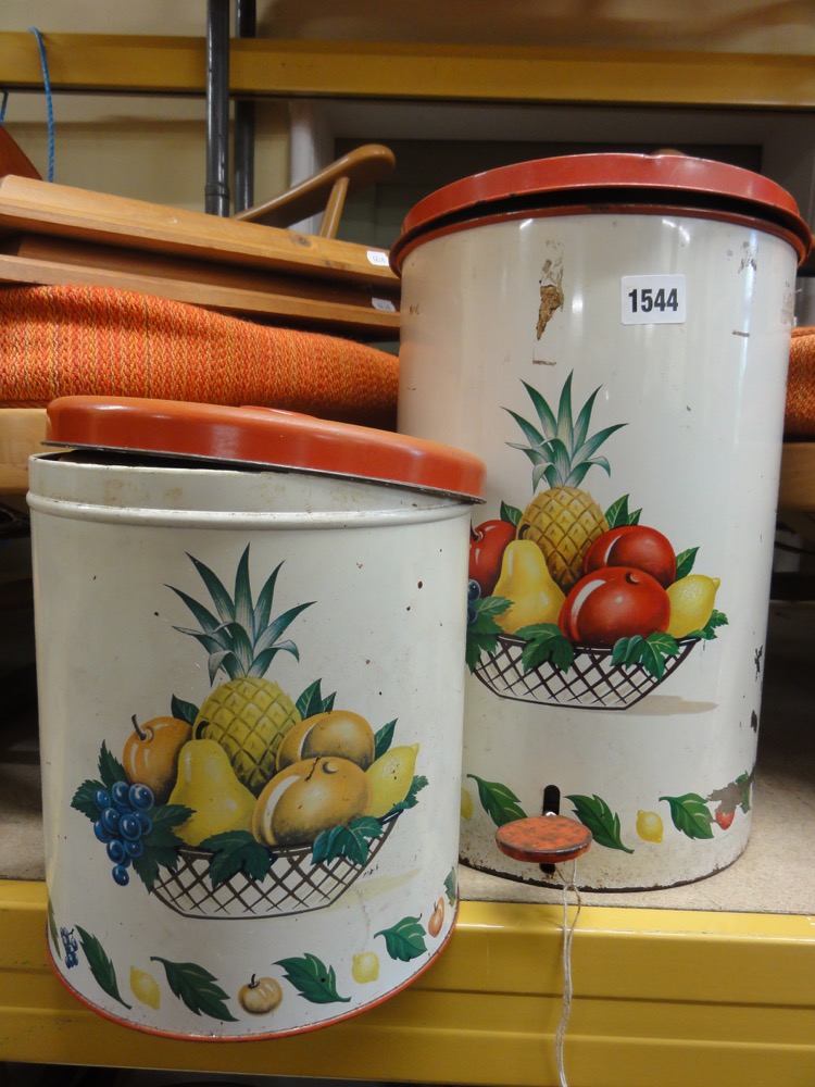 Vintage tin pedal bin painted with a still life of fruits together with a matched set of graduated